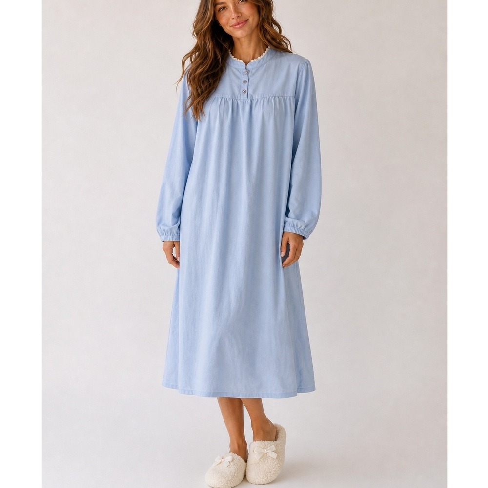 Ella Simone Blue Nightgown 1X Cotton‎ Long Sleeve Crochet Lace Trim Grandmacore
